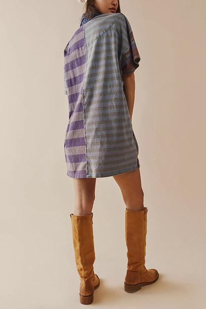 Contrast Striped Patchwork Denim Lapel Loose Mini Dress