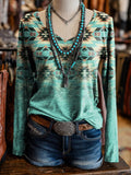 Women's Retro Western Print V-neck Long Sleeve T-shirt elevenforest