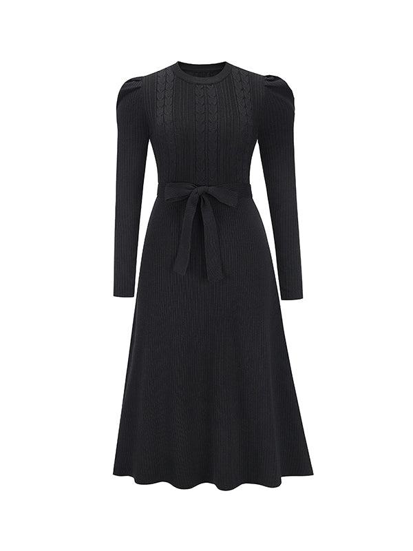 High Waisted Long Sleeves Color Tied Waist Round-neck Midi Dresses Sweater Dresses