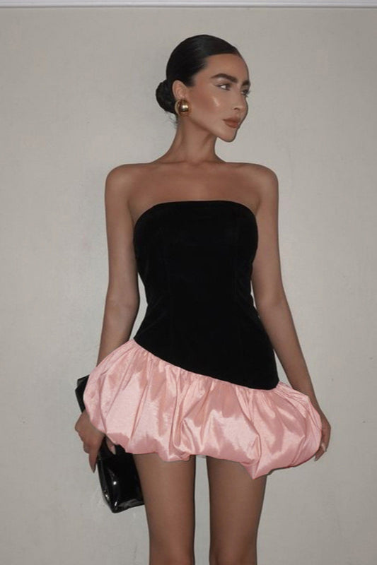 Velvet Paneled Strapless Puff Mini Dress