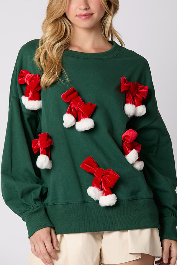 Christmas Bow Embellished Long-sleeved Sweatshirt
