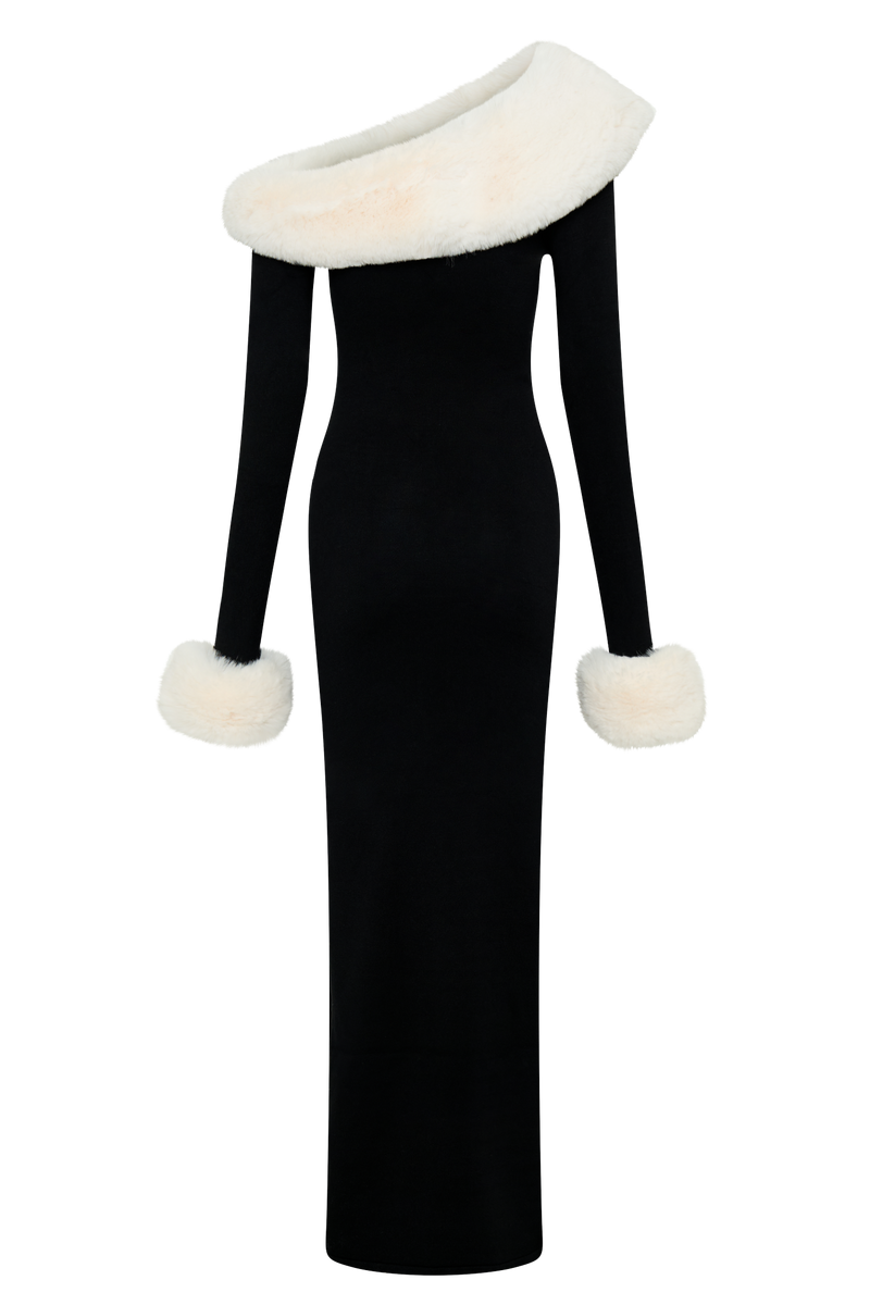 Dawn Faux Fur One Shoulder Slit Maxi Dress