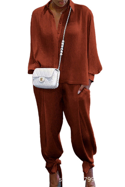 Shirt Collar Stripe Side Pocket Top Pant Set
