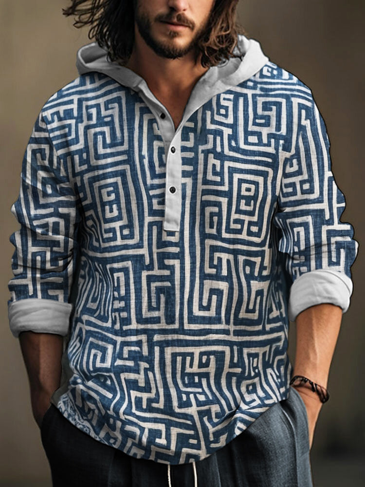 Greek Geometric Men's Hooded Linen Shirt elevenforest