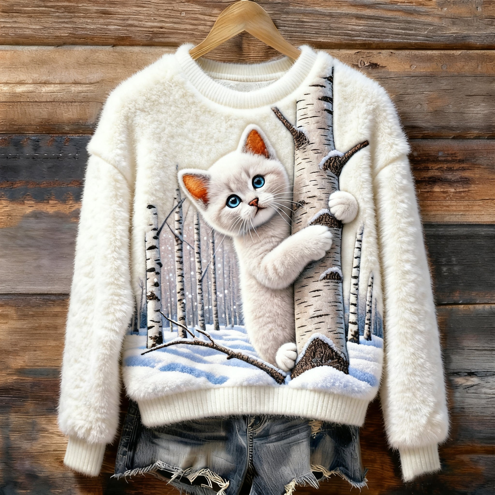 Christmas Cat Art Women's Cozy Plush Sweater elevenforest