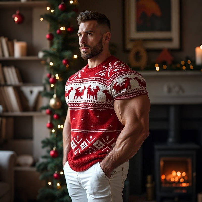 Comstylish Men's Christmas Jacquard Icelandic Art Cozy Knit Short Sleeve Sweater