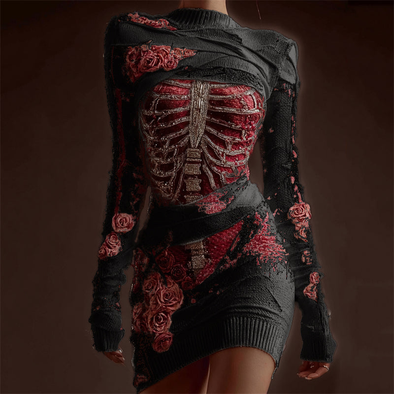 Classy Skeleton Anatomy Bloody Roses Bandages Knit Sweater Dress artswardrobe