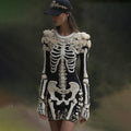 Comstylish Women's Halloween Skeleton Bones With Rose Art Cozy Knit Mini Sweater Dress