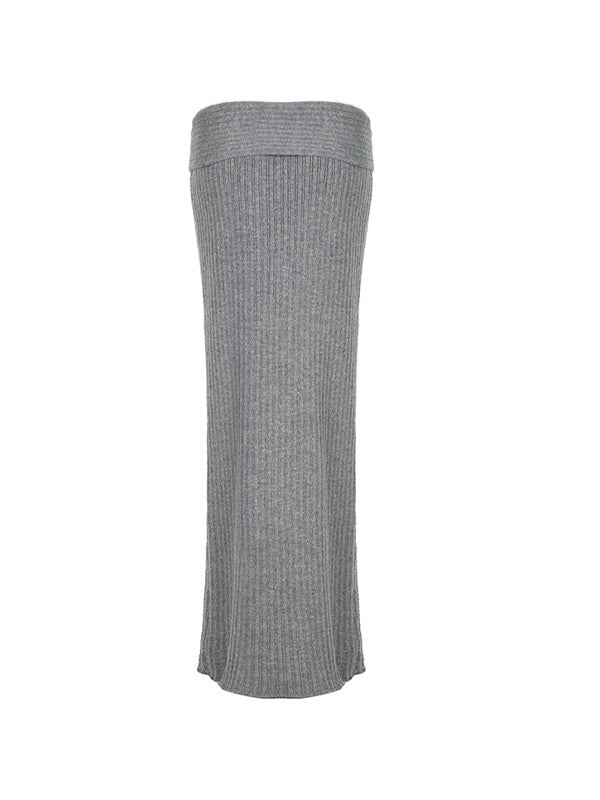 Grey Turned Waist Low Rise Maxi Skirt