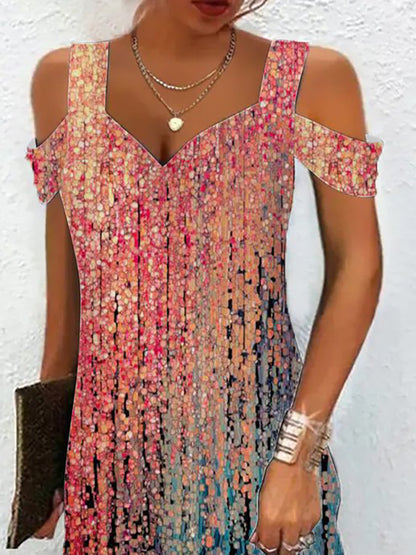 A-line High Waisted Hollow Printed Cold Shoulder Mini Dresses