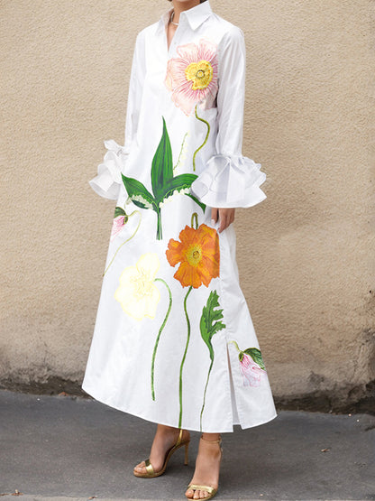 A-line Flared Sleeves Printed Split-joint Split-side Lapel Collar Maxi Dresses Shirt Dress