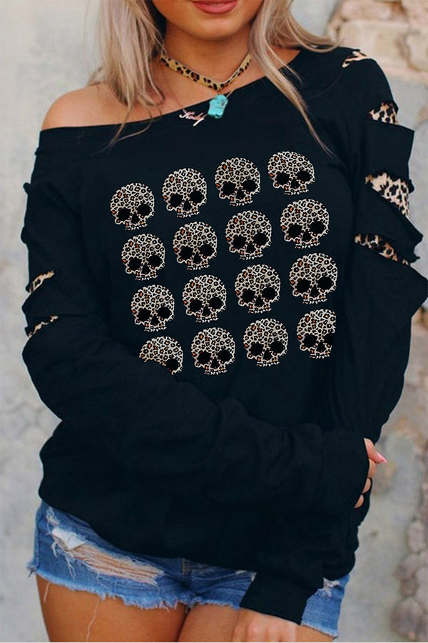 Black Leopard Peek-a-boo Sleeve Skull Graphic Sweatshirt