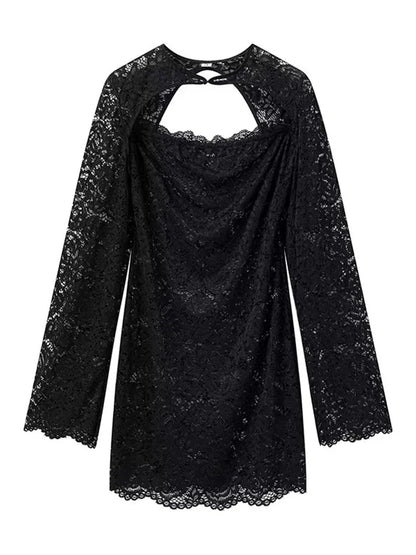 Black Lace Mini Dress ’s 2 Piece-set Shrug Hollow Out Printed Party Dress Sets Female See-through Dress