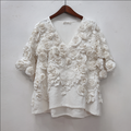 Bohemian Style Woman's V-neck White Rose Short-sleeved Shirt elevenforest