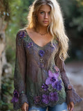Vintage Floral Embroidery Women's Linen V-neck Shirt elevenforest