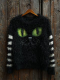 Comstylish Halloween Fuzzy Black Cat Striped Cozy Knit Sweater