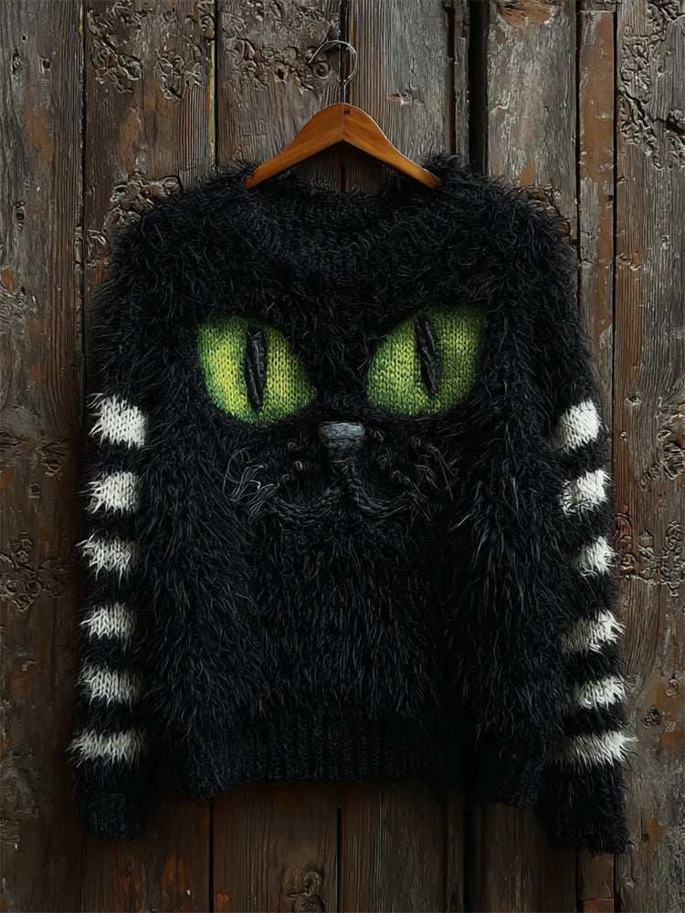 Halloween Fuzzy Black Cat Striped Cozy Knit Sweater artswardrobe
