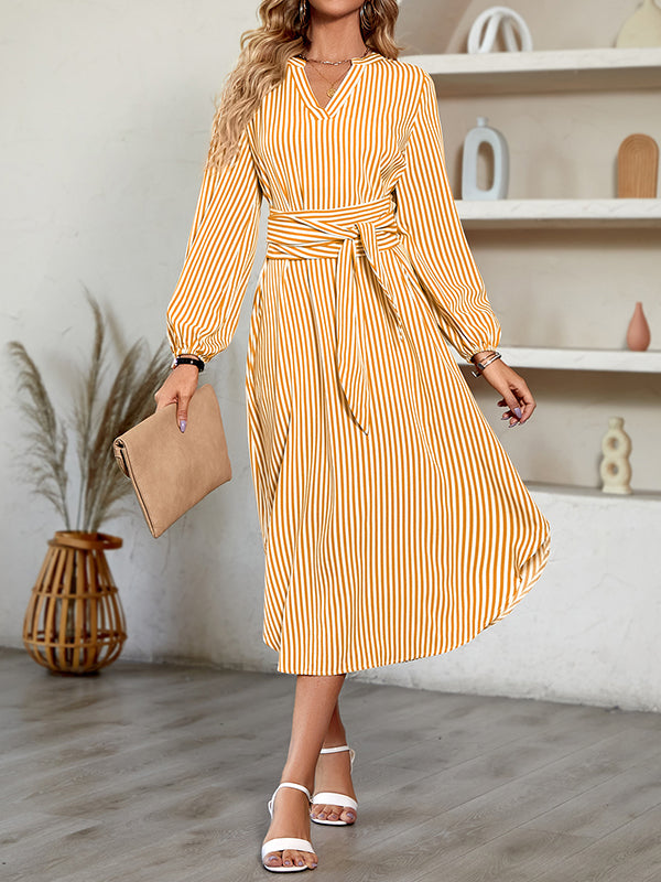 A-line Long Sleeves Striped Tied Waist V-neck Midi Dresses Shirt Dress