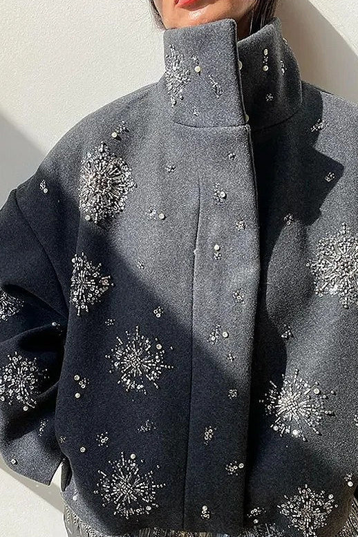Rhinestone Turtleneck Loose Coat