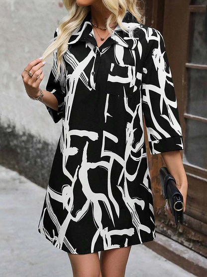 Loose Nine-minute Sleeve Buttoned Printed Lapel Mini Dresses