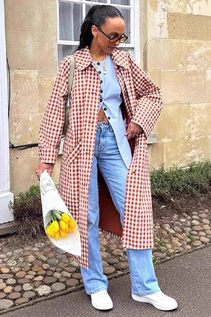 Plaid Lapel Long Overcoat