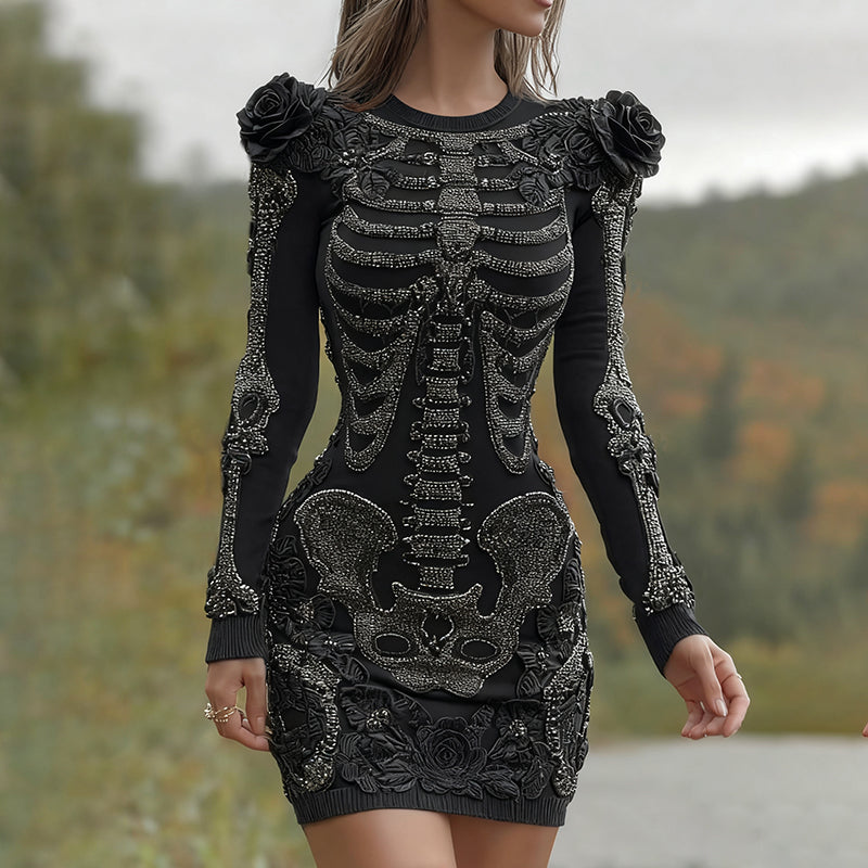 Women's Halloween Skeleton Bones With Black Rose Art Cozy Knit Mini Sweater Dress elevenforest