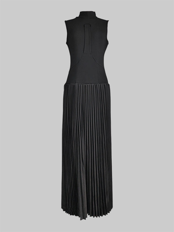 Bodycon Sleeveless Hollow Pleated Color Split-joint Mock Neck Maxi Dresses