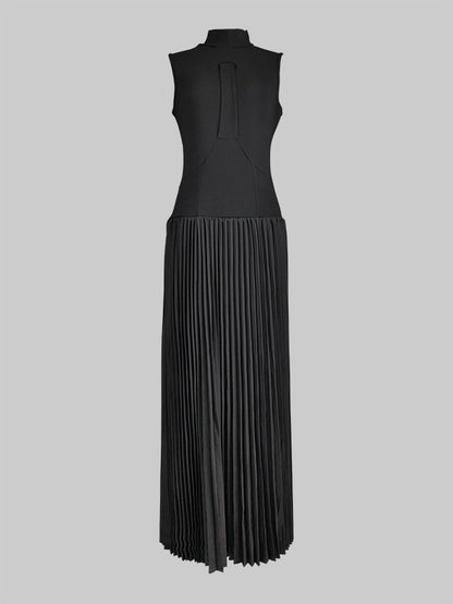 Bodycon Sleeveless Hollow Pleated Color Split-joint Mock Neck Maxi Dresses