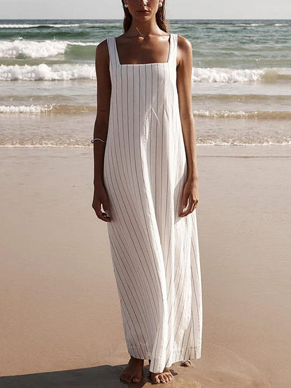 A-line Loose Striped Square-neck Maxi Dresses