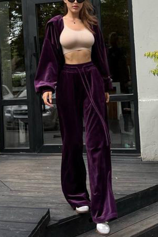 Velvet Zip-up Hooded Top and Elastic Waist Wide Leg Pants Set