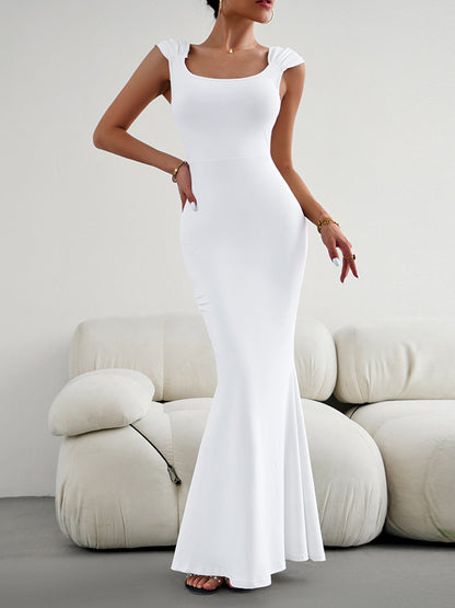 High Waisted Mermaid Color Square-neck Maxi Dresses