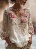 Bohemian Style Round Neck Short Sleeve Three-dimensional Flower Design Women's Thin Top elevenforest
