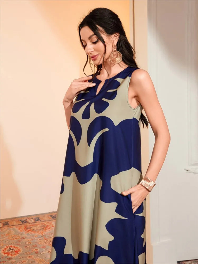 Simple Print Long Dresses Loose V-neck Style Sleeveless Dress Female Summer New Vestidos