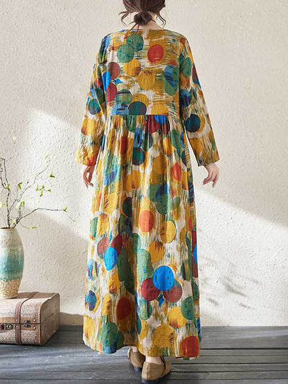 A-line Long Sleeves Pleated Polka-dot Split-joint Round-neck Maxi Dresses