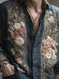 Men's Vintage Floral Embroidered Washed Linen Shirt elevenforest