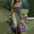 Vintage Purple Floral V Neck Sleeveless Maxi Dress elevenforest