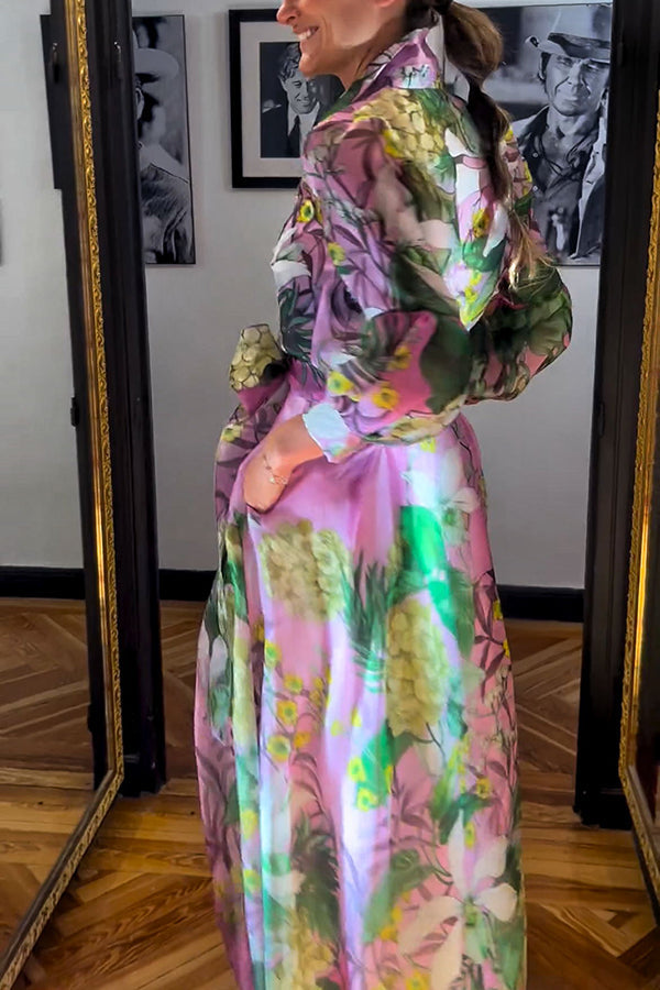 Seeds of Happiness Tulle Print Balloon Sleeve Belt Blouse