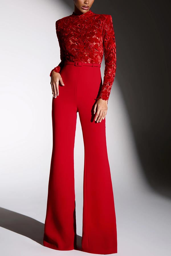 Eleanor Embroidered Lace Long Sleeve Patchwork Belt Flare Jumpsuit