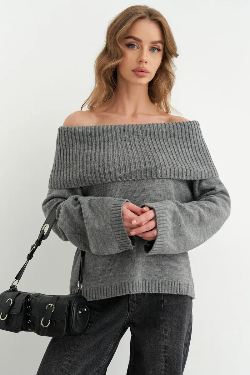 Color Off Shoulder Knitted Sweater