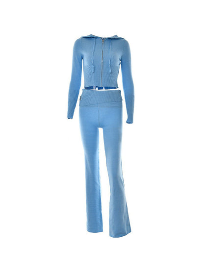 Retro Knitted Two Piece Set With Zip and Hood
