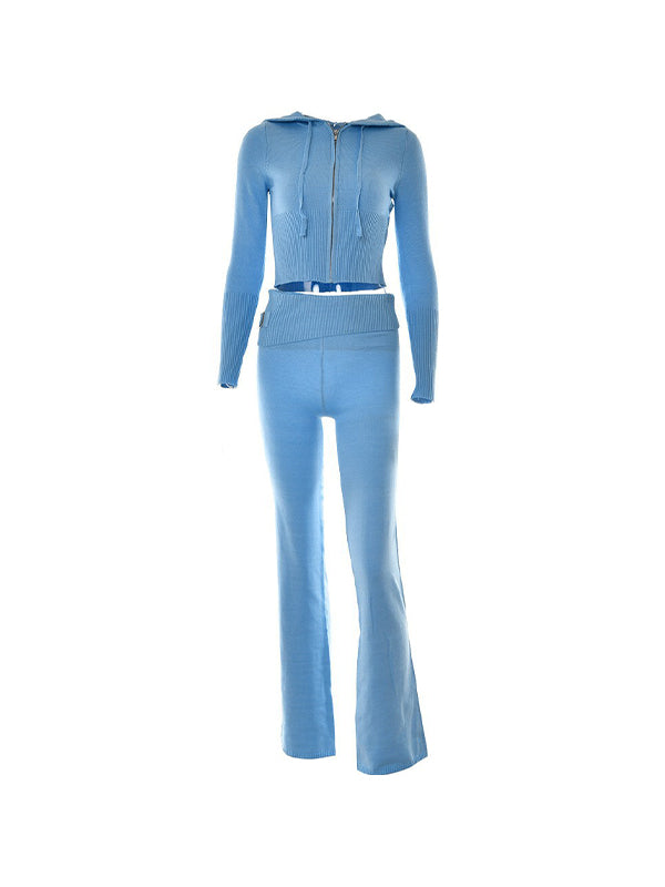 Retro Knitted Two Piece Set With Zip and Hood