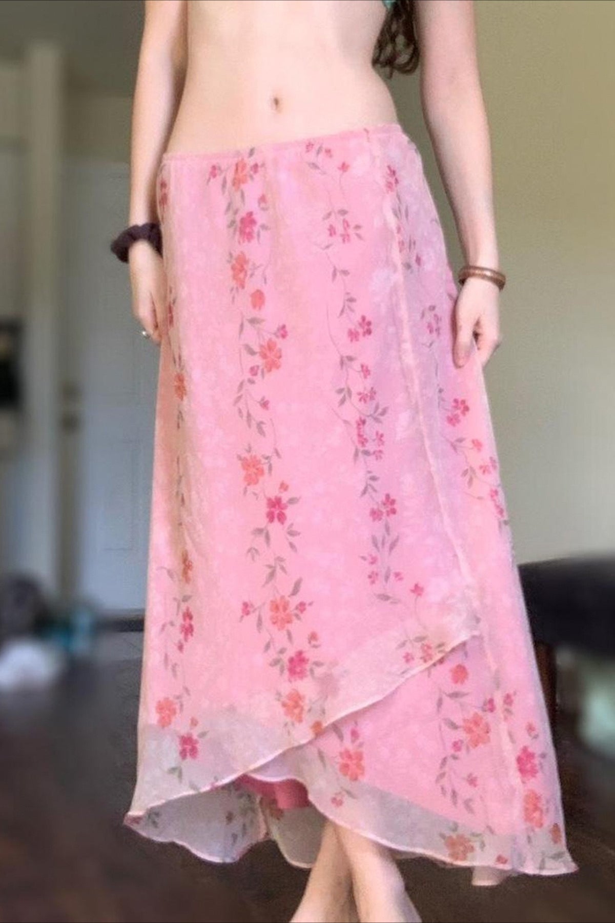 Ruffle Asymmetric Sheer Mesh Vacation Maxi Skirt