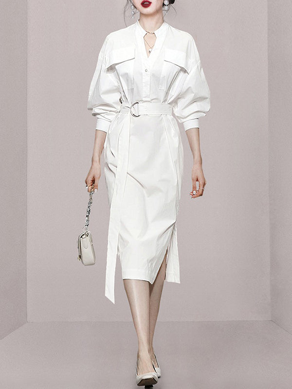 Long Sleeves Loose See-through Split-joint Split-side Tied Waist V-neck Midi Dresses Shirt Dress