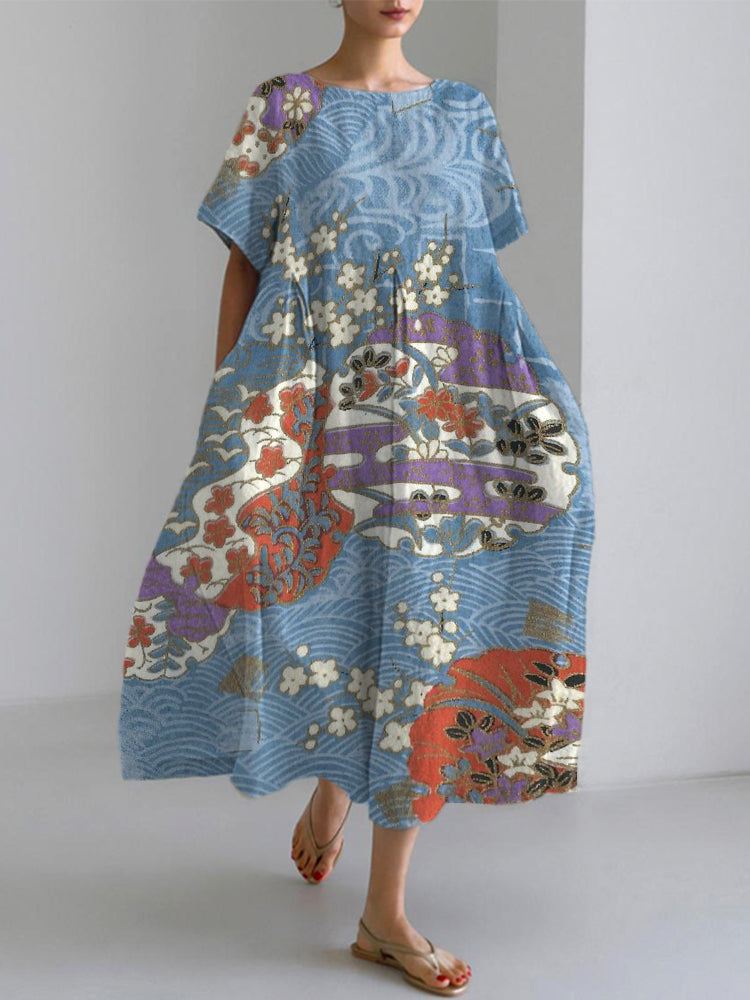 Vintage Japanese Art Sea Wave Linen Blend Maxi Dress