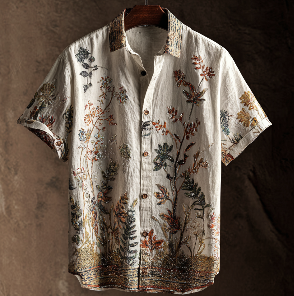 Bohemian Style Plant And Flower Pattern Men's Retro Cotton And Linen Shirt elevenforest