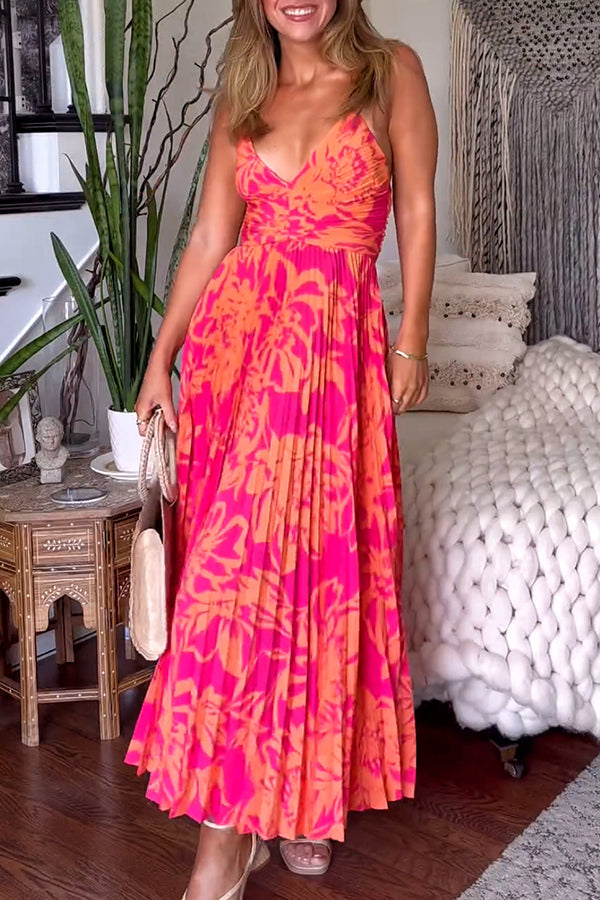 Wedding Party Season Print Pleated Back Tie-up Midi Dress