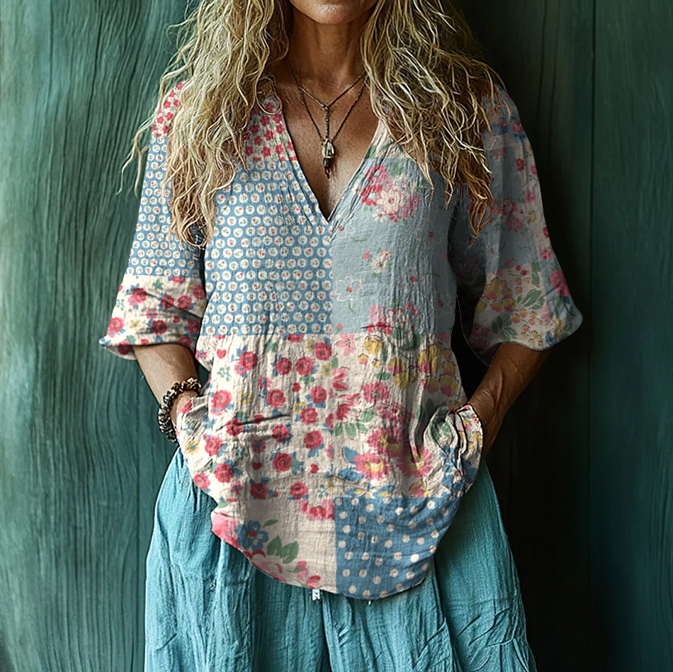 Boho Floral Patchwork Art Print Short Sleeve V-neck Shirt elevenforest