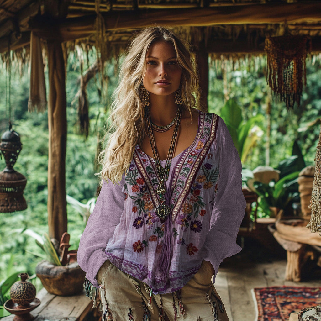 Vintage Bohemian Floral Embroidery Linen Blend Shirt elevenforest