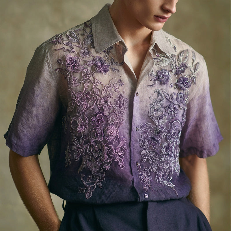 Men's Purple Floral Lace Embroidered Gradient Linen Shirt elevenforest