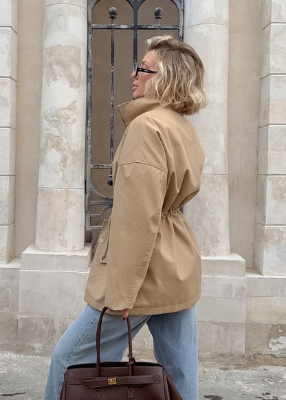 Beige Drawstring Waist Coat - Modern Mid-length Jacket